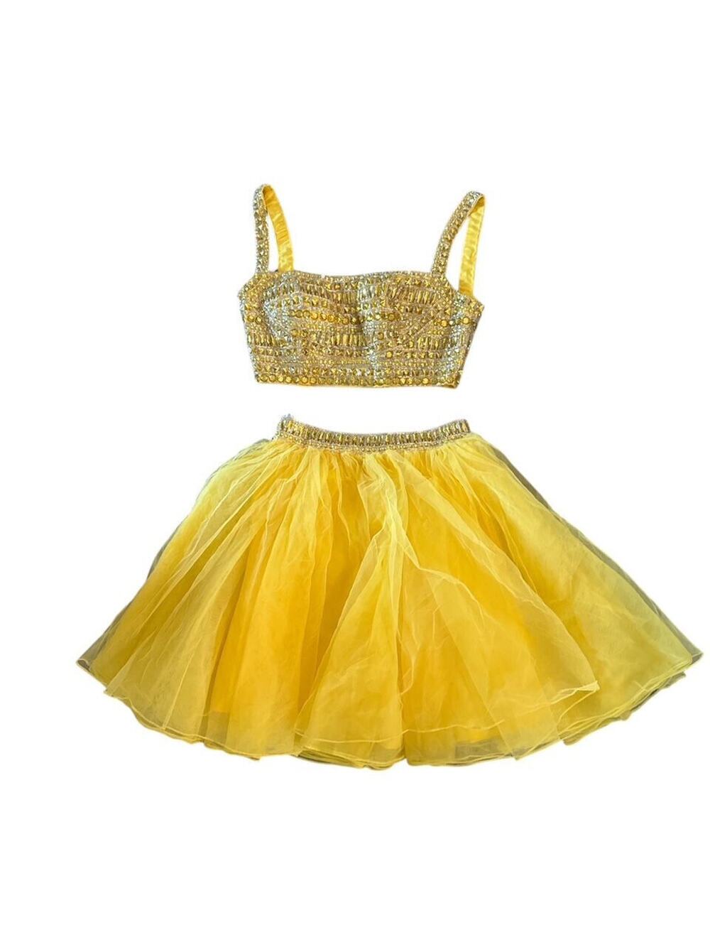 Sherri Hill Yellow Beaded Crop Top & Tulle Mini Skirt Set